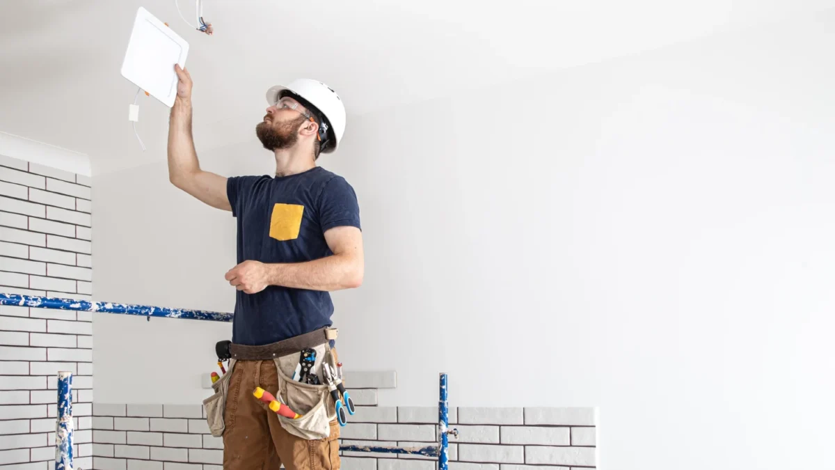 İskele üzerinde durup tavandaki açıklığa LED panel armatür bağlayan, alet kemerli baretli elektrikçi