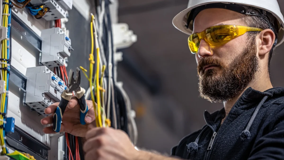 Pense ile pano içindeki iletkenleri düzenleyen, baretli ve sarı koruyucu gözlüklü elektrik teknisyeni
