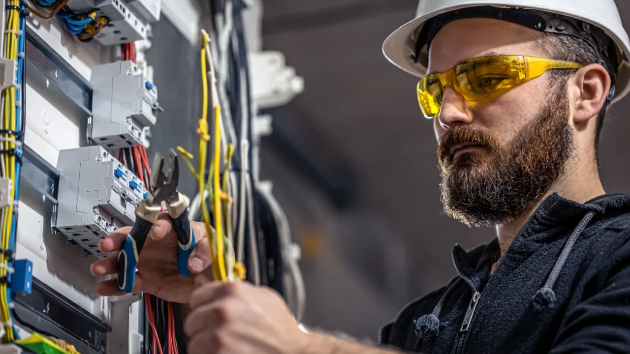 Pense ile pano içindeki iletkenleri düzenleyen, baretli ve sarı koruyucu gözlüklü elektrik teknisyeni